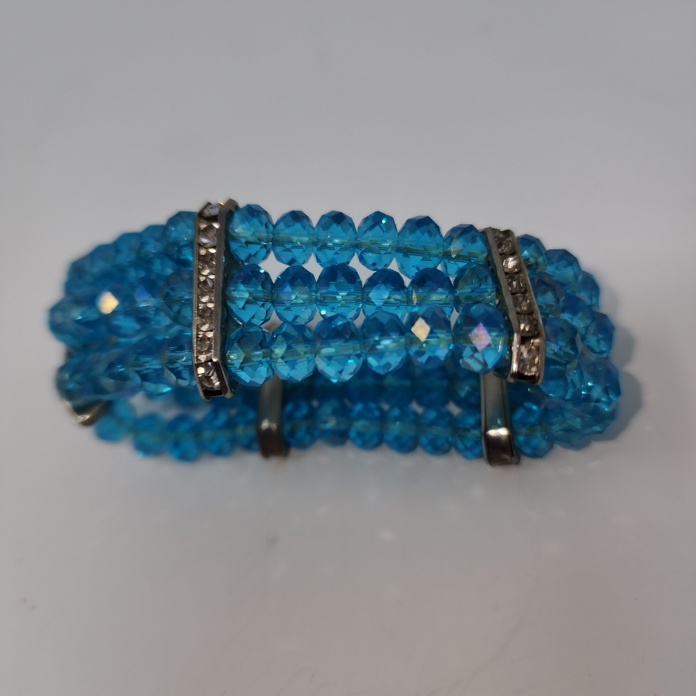 Beaded aqua teal Layered multi strand bracelet with rhinestone details